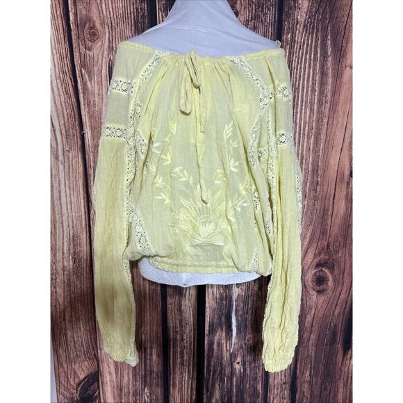 Free People Blouse Boho Yellow Embroidered Sz Small Oversized Off Shoulder Crop - Picture 1 of 9